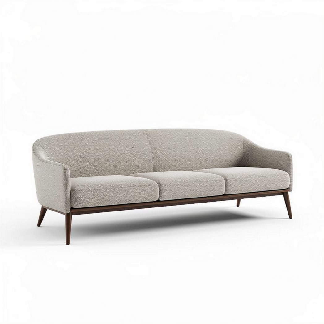 Mid-century modern three-seater sofa in light gray fabric with wooden legs 210 x 90 x 80cm