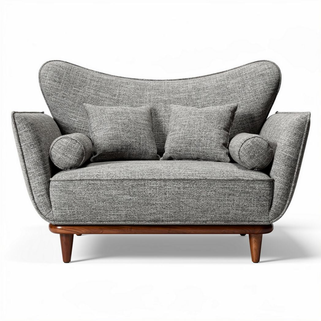 Gray fabric loveseat with three matching cushions and wooden legs 150 x 100 x 80cm