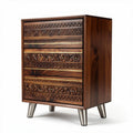 Wooden nightstand with carved design and metal legs 40 x 35 x 60cm