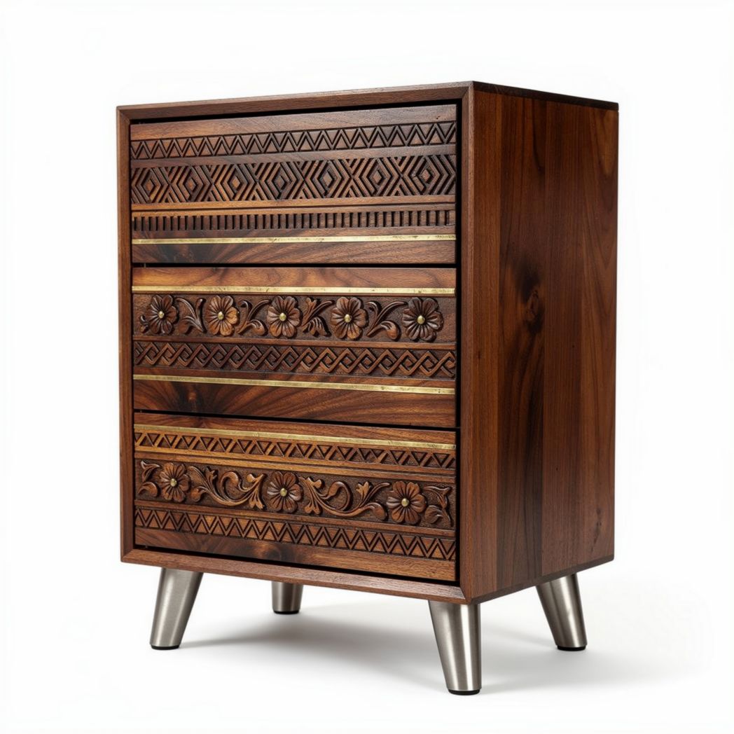 Wooden nightstand with carved design and metal legs 40 x 35 x 60cm