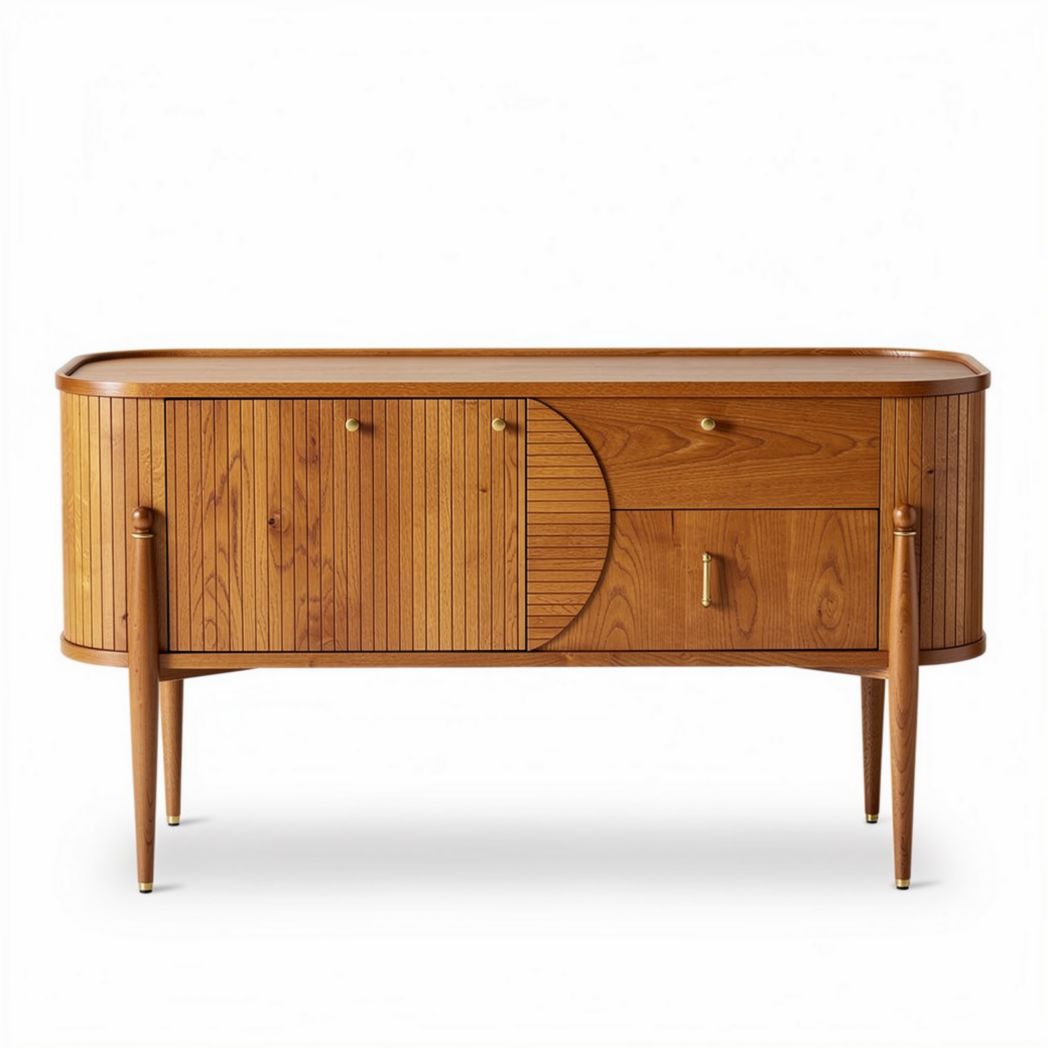 Wooden sideboard cabinet with sliding doors and drawer in natural finish 100 x 40 x 75cm