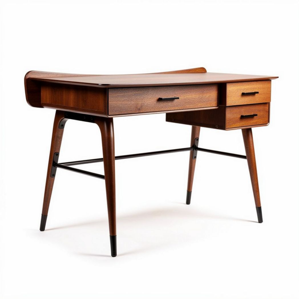 Mid-century modern wood desk with two drawers 150 x 60 x 75cm in walnut finish