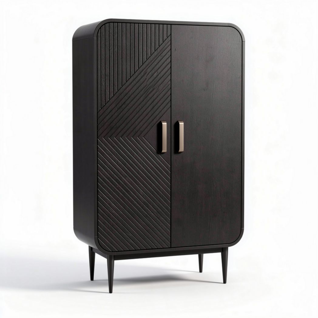 Black wooden storage cabinet with geometric patterns and dual doors 80 x 50 x 140cm