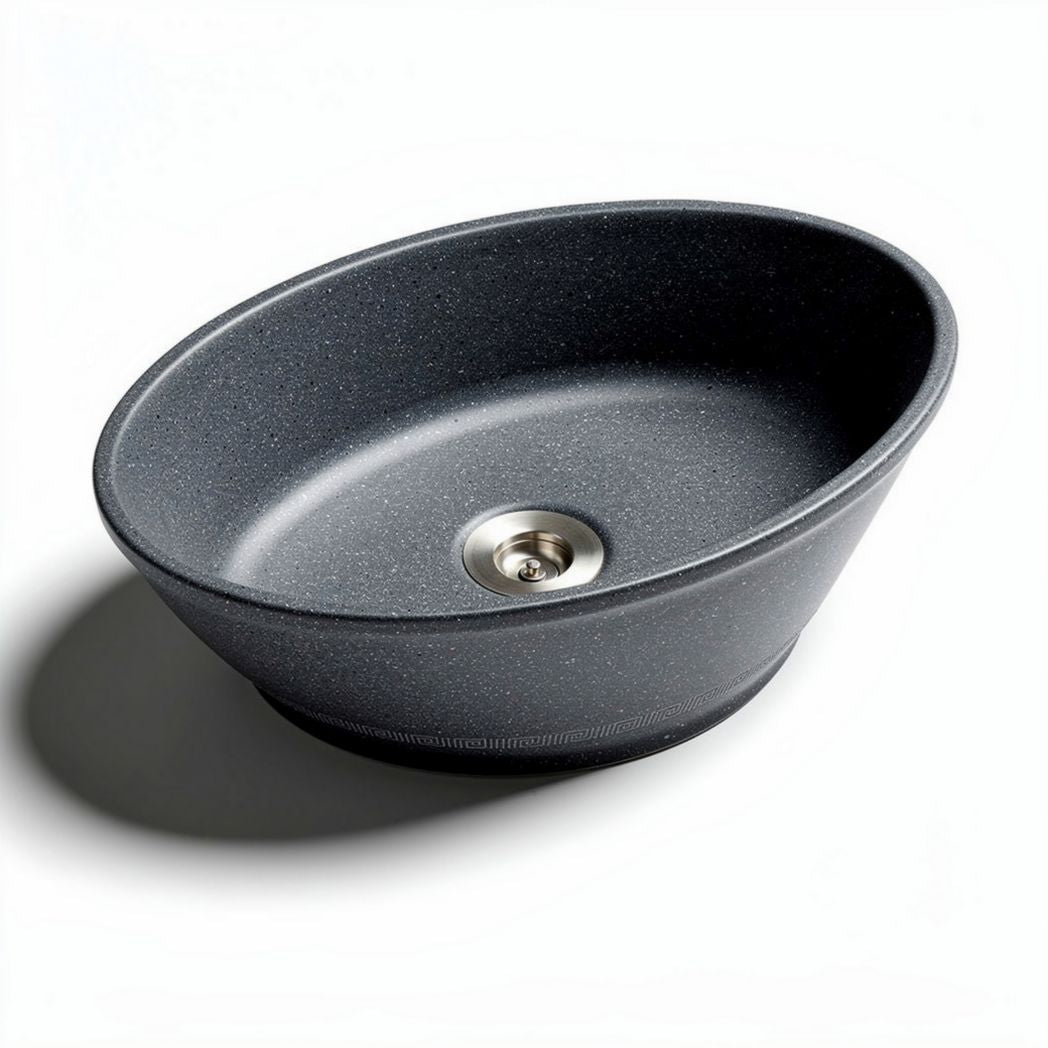 Oval black wash basin with drain hole suitable for bathroom installation 40 x 25 x 10cm