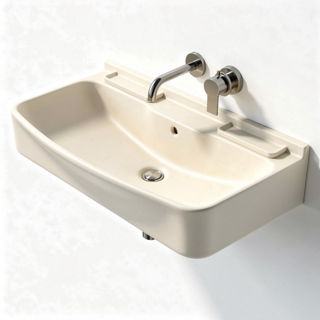 Wall-mounted ceramic sink with integrated faucet and drain 80 x 40 x 20cm beige