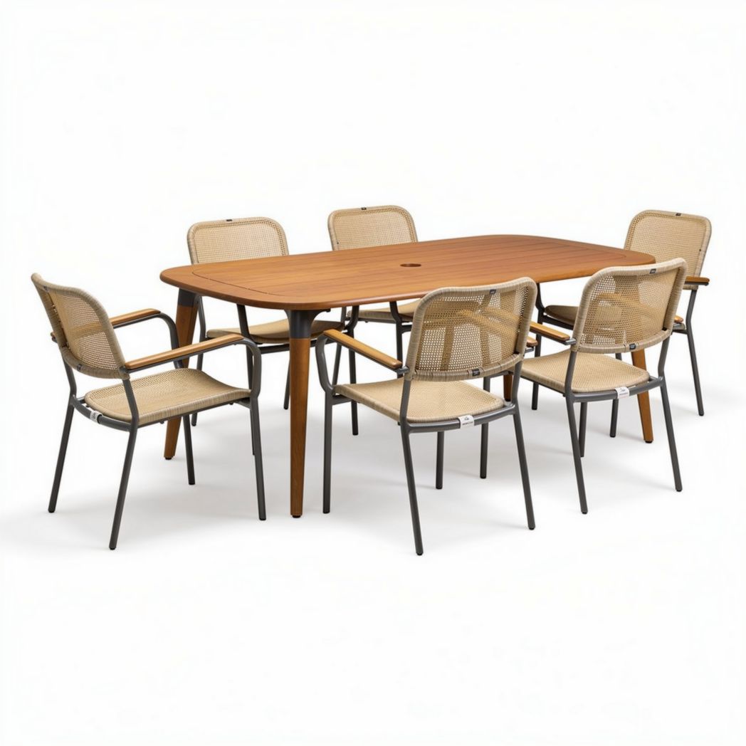 Outdoor dining table set with rectangular wooden table and six fabric chairs