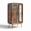 Glass door cabinet with decorative floral design in walnut finish 80 x 40 x 130cm