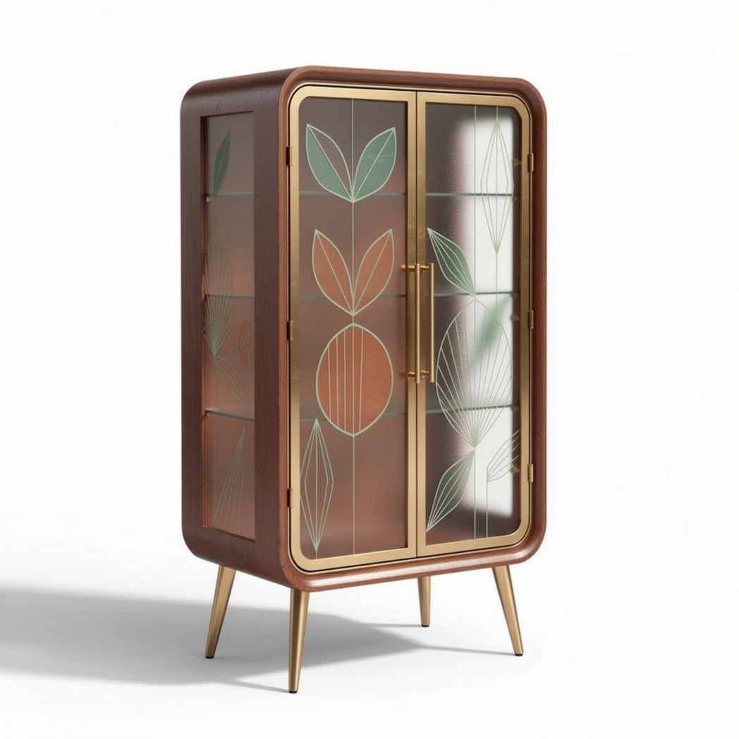 Glass door cabinet with decorative floral design in walnut finish 80 x 40 x 130cm