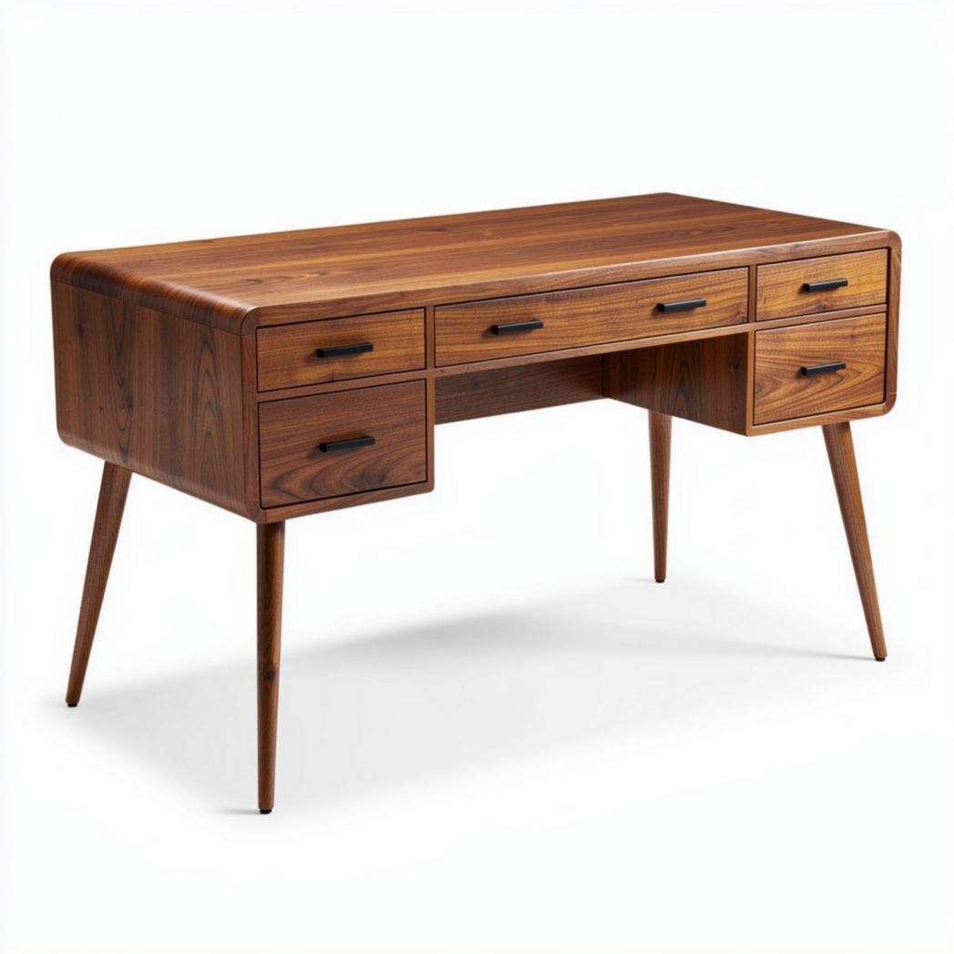Wooden writing desk with six storage drawers in walnut finish 120 x 60 x 75cm