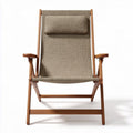 Wooden folding chair with fabric seat and headrest for outdoor use