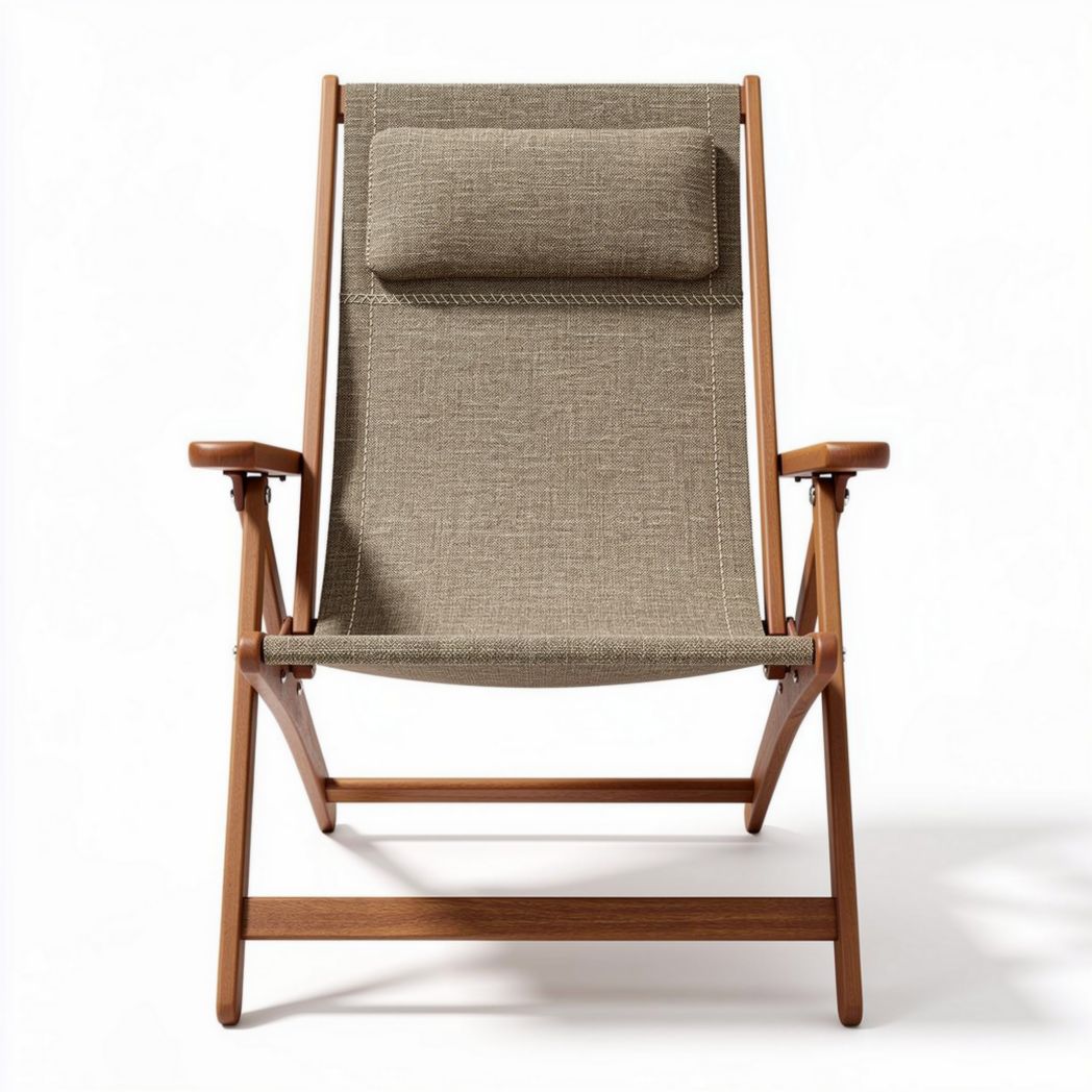 Wooden folding chair with fabric seat and headrest for outdoor use