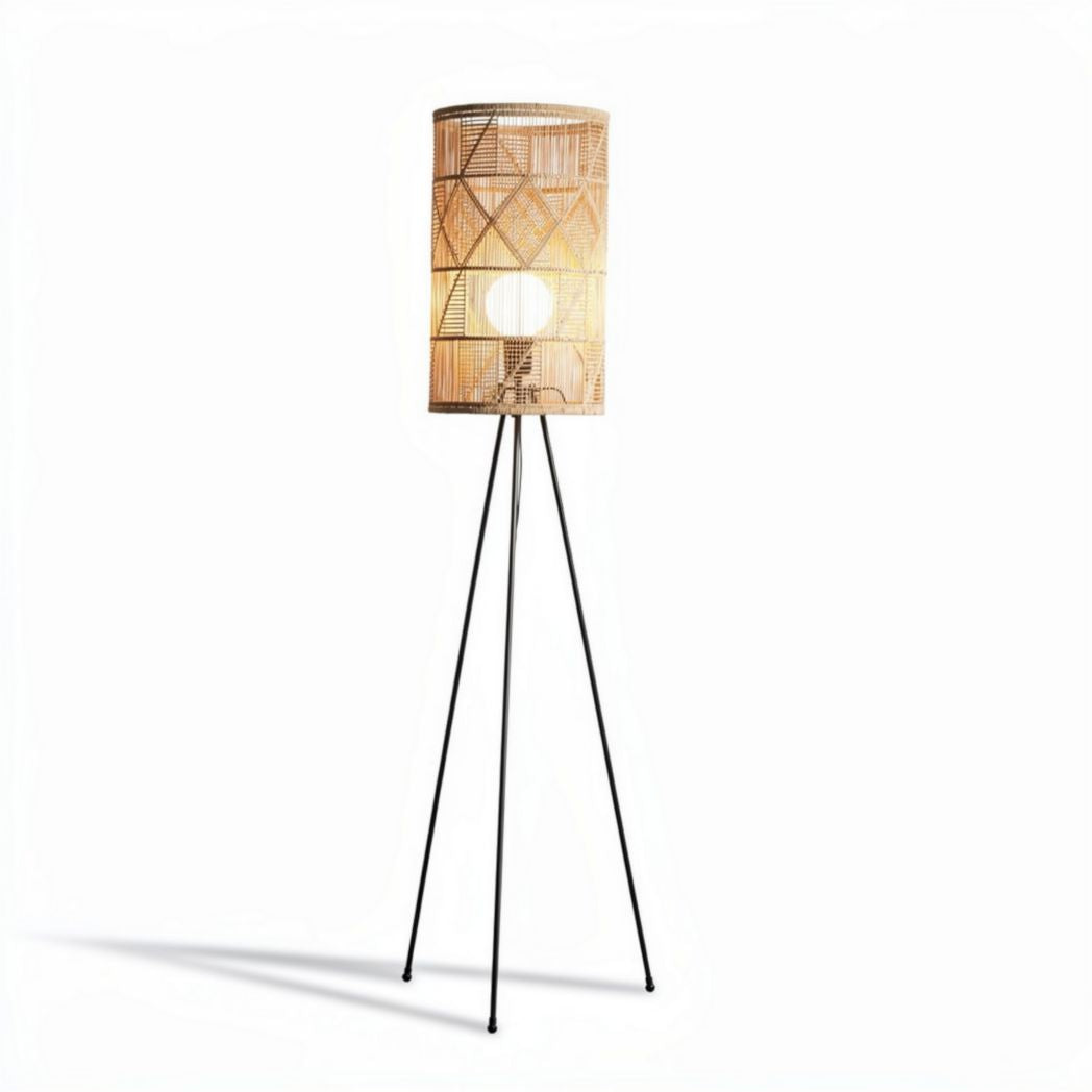 Rattan floor lamp with three legs and a woven design for indoor use
