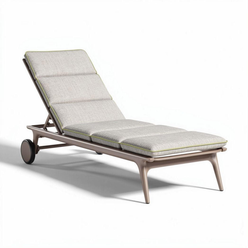 Outdoor adjustable lounge chair with fabric cushioning and wheels in beige